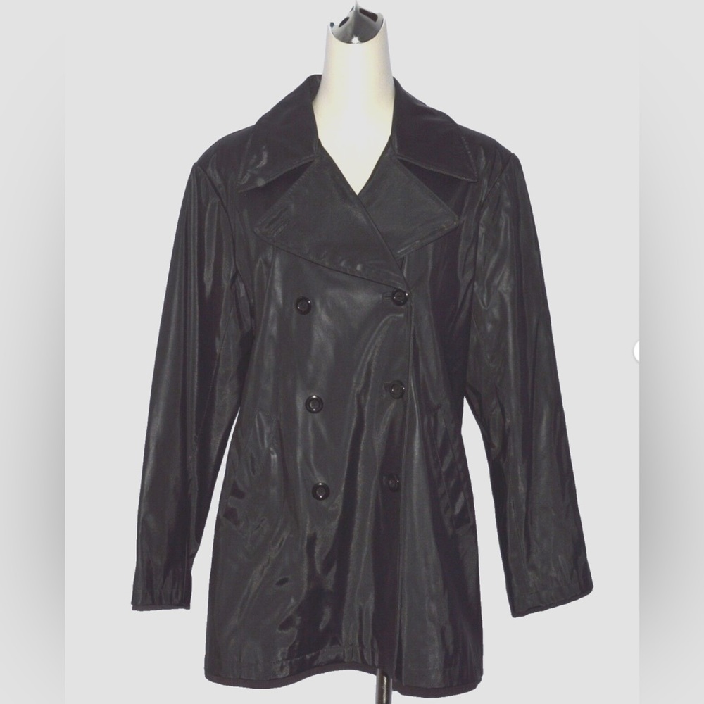 LEARSI SZ S SMALL SHIMMERY BLACK DOUBLEBREASTED LIGHT COAT JACKET PEACOAT